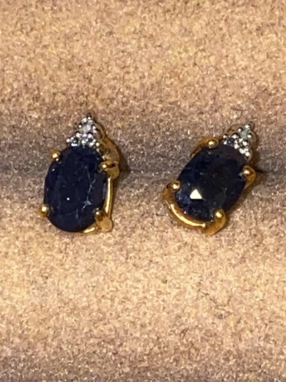 Gold Stud Earrings with Black Sapphire Ovals and Diamond Accents